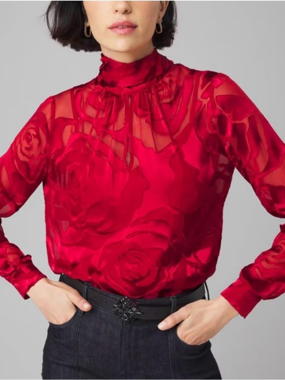 White House Black Market Red Burnout Rose Mock Neck Blouse